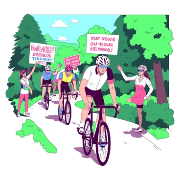 Cyclists riding on a scenic trail surrounded by trees and cheering fans holding banners.