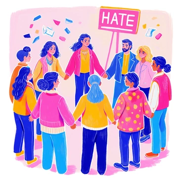 A diverse group of people is standing together in a circle, holding hands. Each person has distinct features, representing various ethnicities and cultures. Some are wearing colorful clothing, while others have accessories that reflect their heritage. In the background, there is a broken sign that reads "HATE," with shards of the letters scattered around. The scene conveys a sense of unity and resilience against negativity.