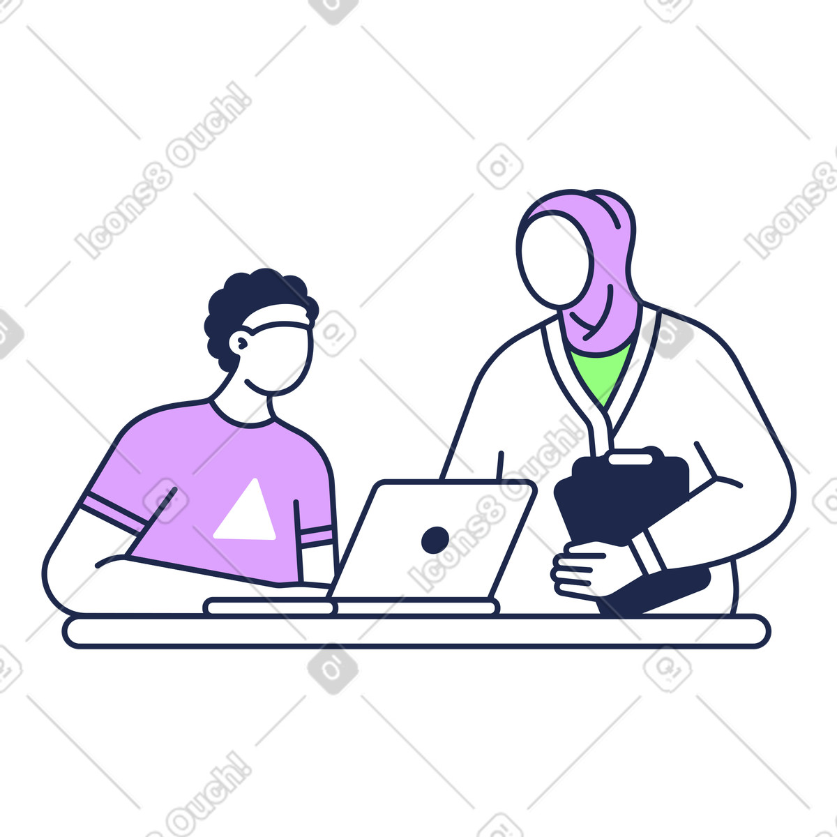 Outline 스타일의 Team member assisting colleague at laptop, Office collaboration and mentoring 일러스트레이션 PNG, SVG 다운로드