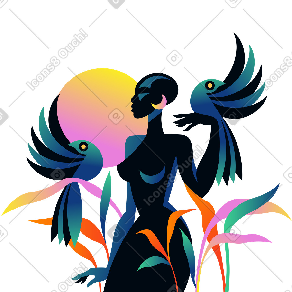 Amani 스타일의 전령새가 주변에 있는 키 큰 풀밭에 서 여자 일러스트레이션 PNG, SVG 다운로드