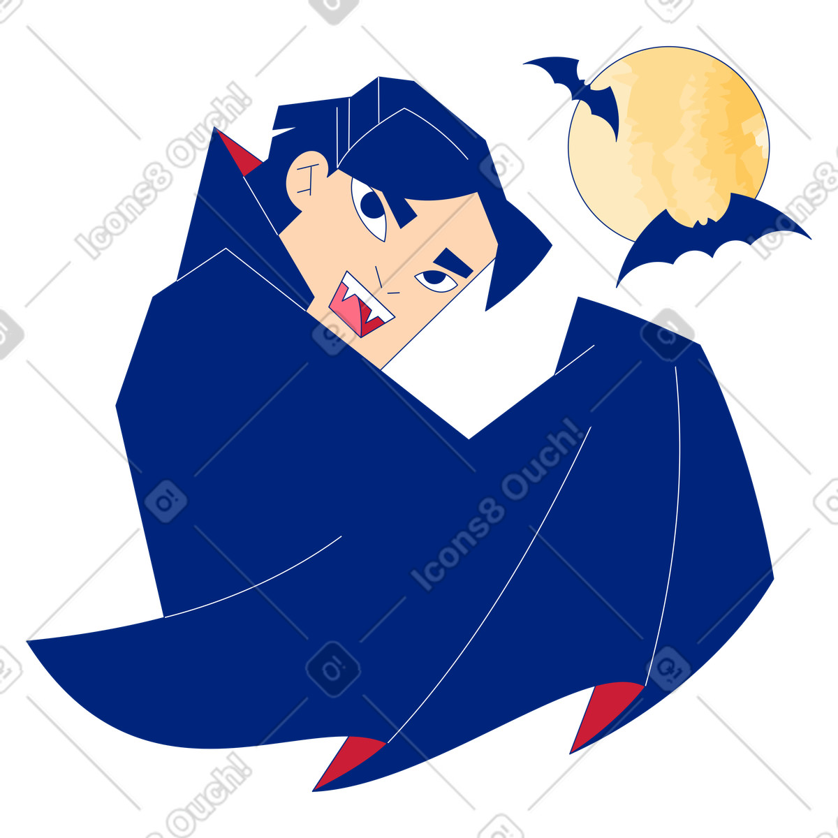 Ilustración Vampiro con capa murciélagos y luna al fondo en estilo Neo-Sakura a descargar en PNG SVG