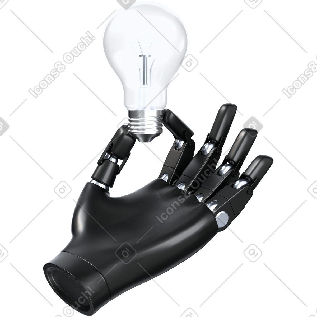 Robotic Hand Holding Light Bulb, AI Innovation Concept, Creative Automation Strategy illustration in 3D Pro style download in PNG, SVG