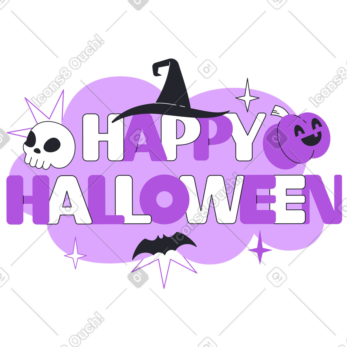 Ilustración Happy Halloween lettering with skull and jack o'lantern, celebration en estilo Grapy a descargar en PNG y SVG