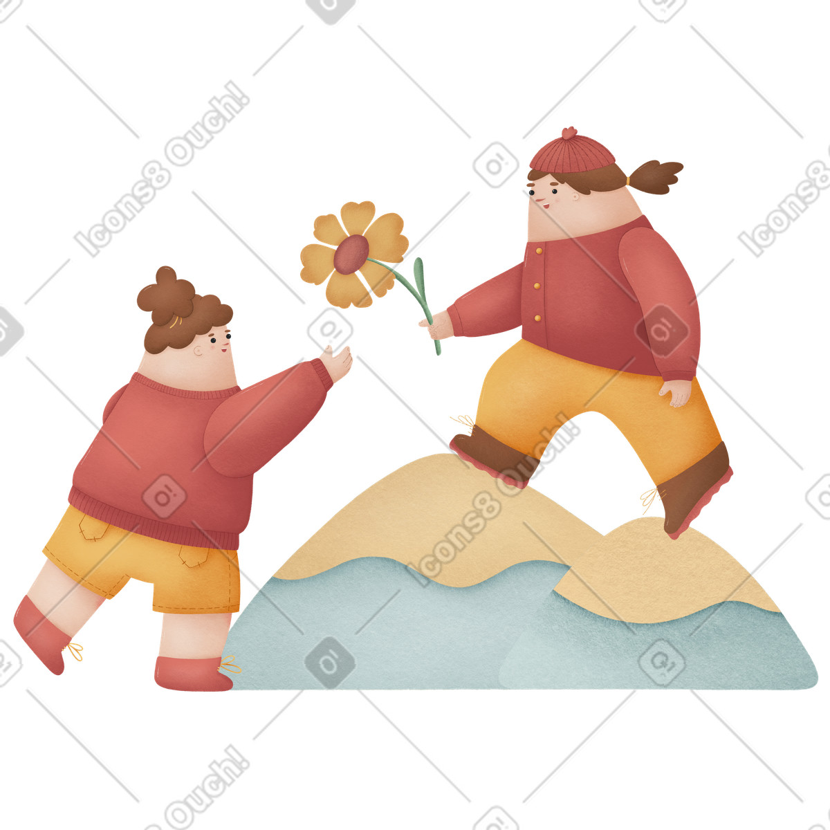 Illustration Fille offrant un cadeau de fleurs à son amie dans le style Woolly télécharger aux formats PNG, SVG