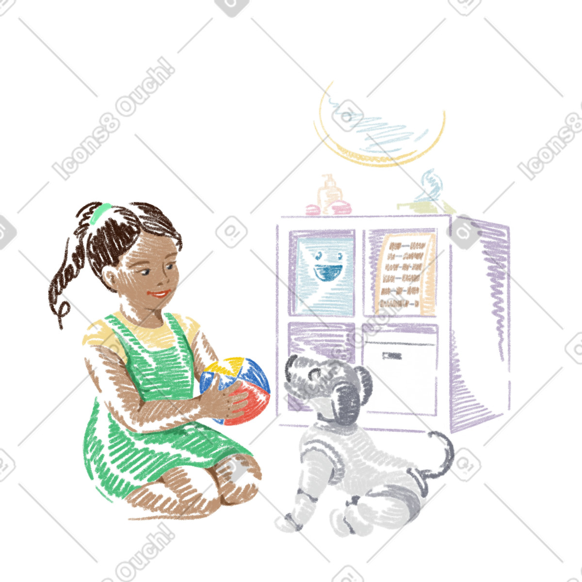 Girl playing with a smart robot dog illustration in Sketchbook style download in PNG, SVG