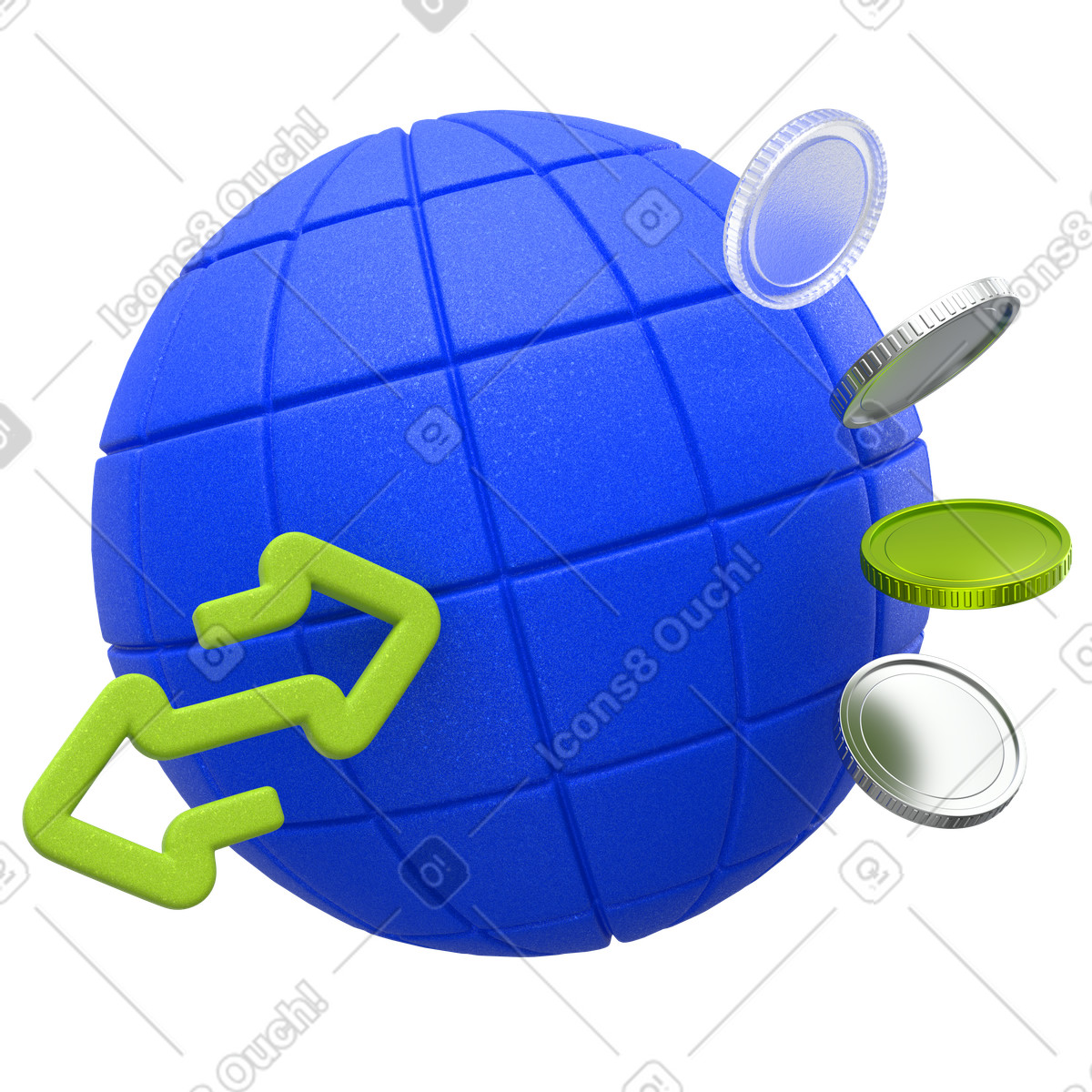 Global payment routing with digital coins and globe illustration in 3D Enterprise style download in PNG, SVG