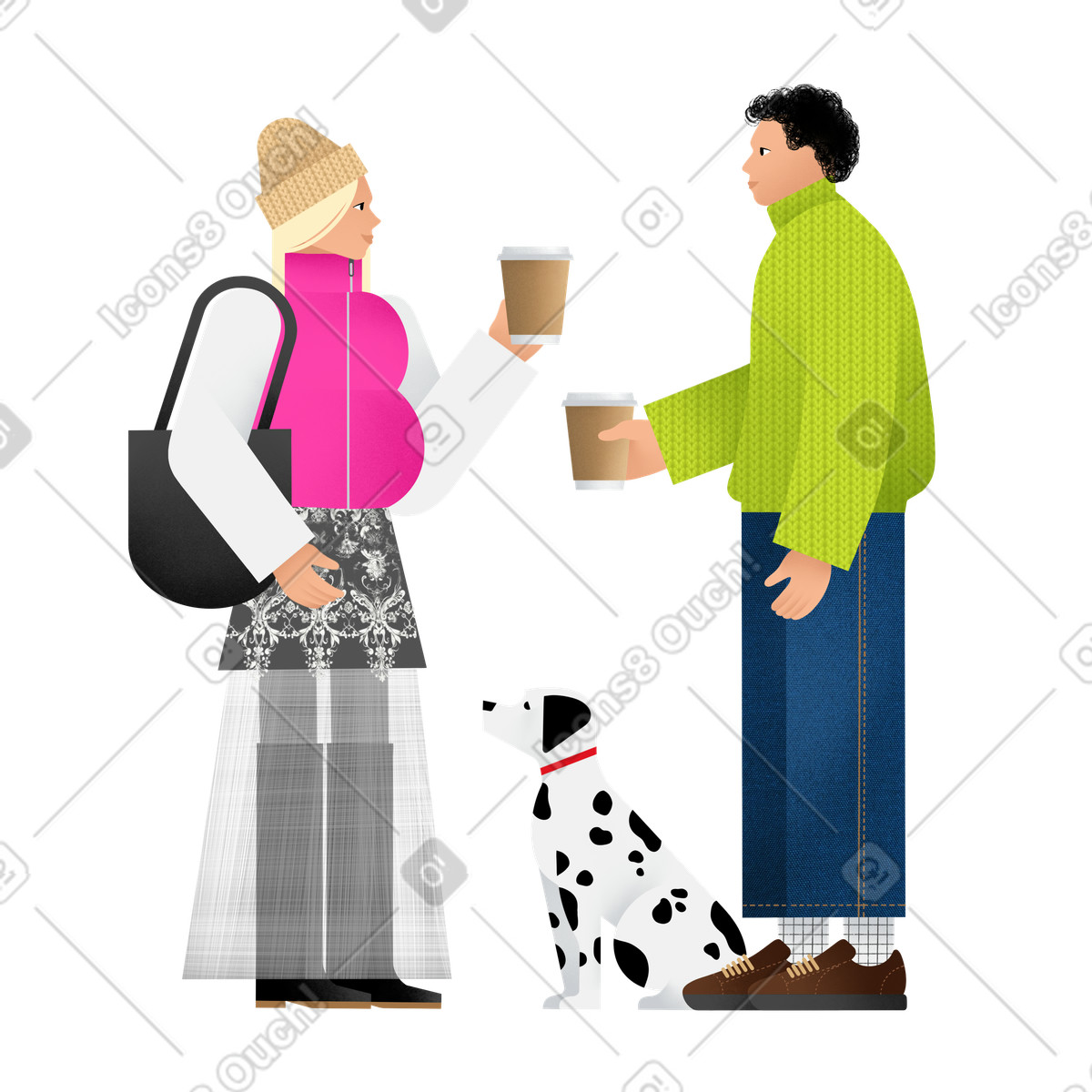 Young man and woman talking over coffee illustration in Patchwork style download in PNG, SVG