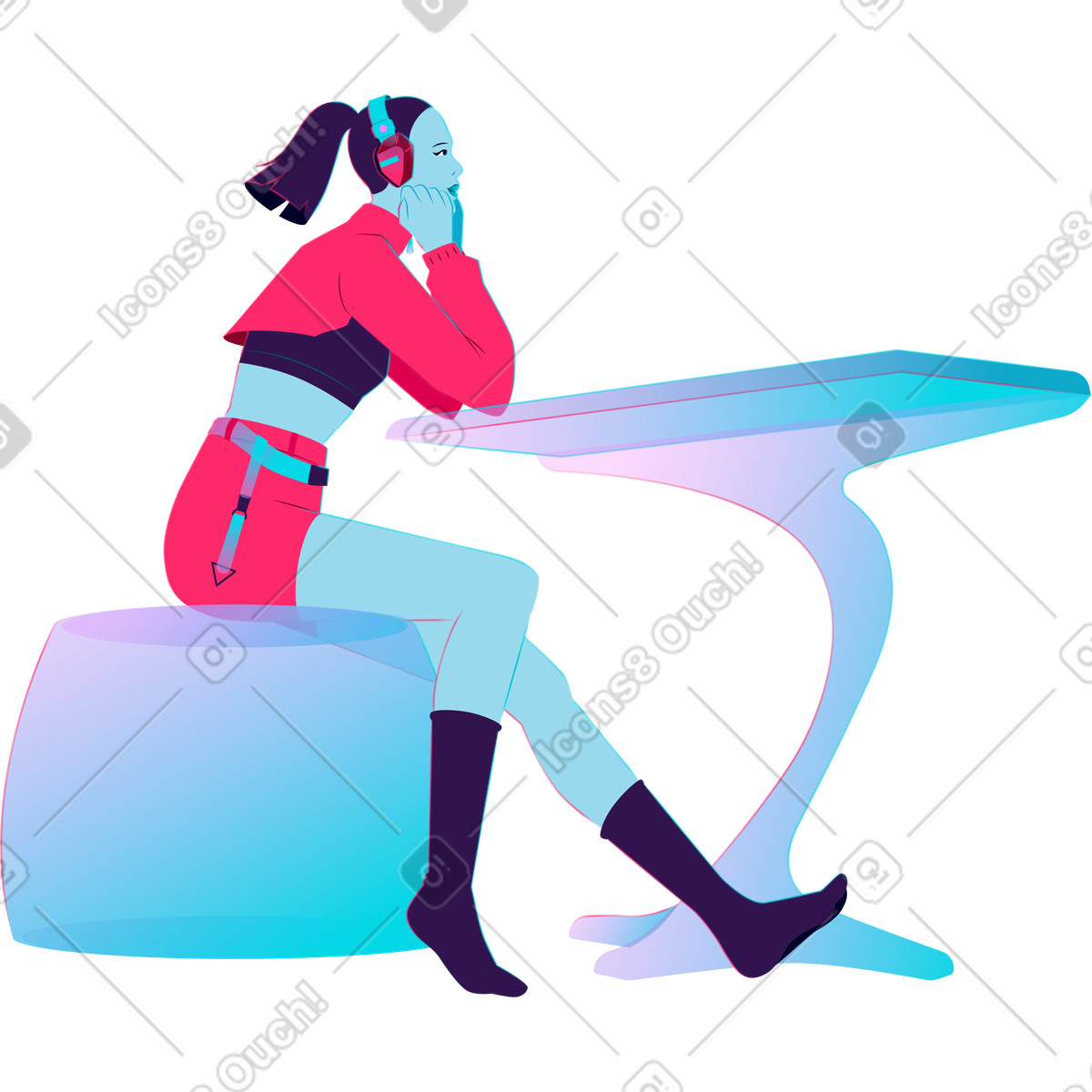 下载 Neon 风格的 坐在桌旁的年轻女子 插画，支持 PNG、SVG 格式
