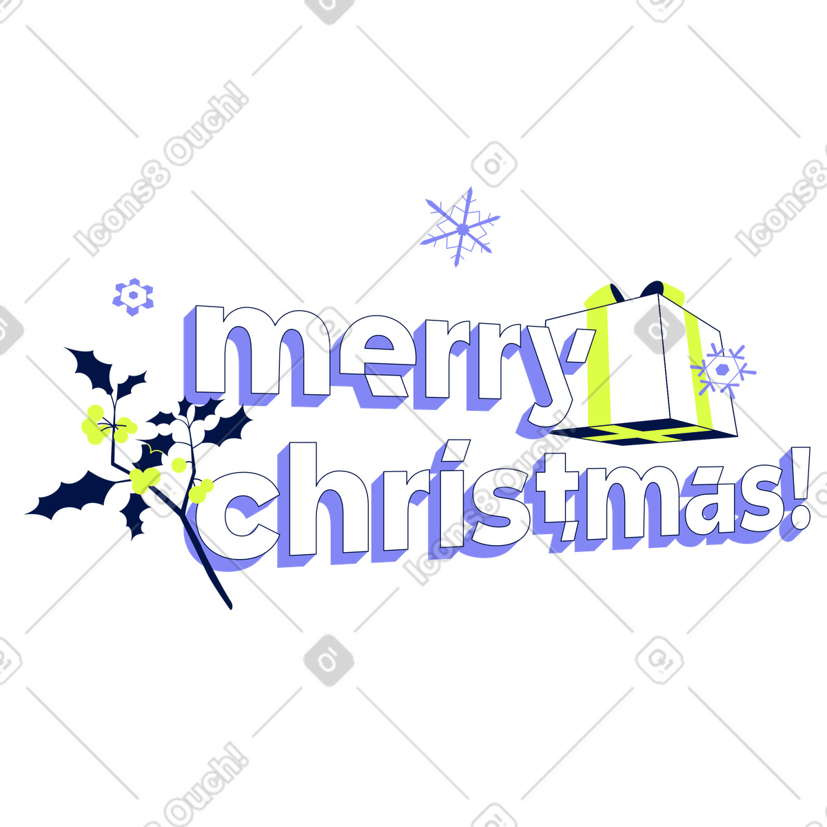 Glow 스타일의 Merry Christmas text with gift box and holly, Festive holiday greeting 일러스트레이션 PNG, SVG 다운로드