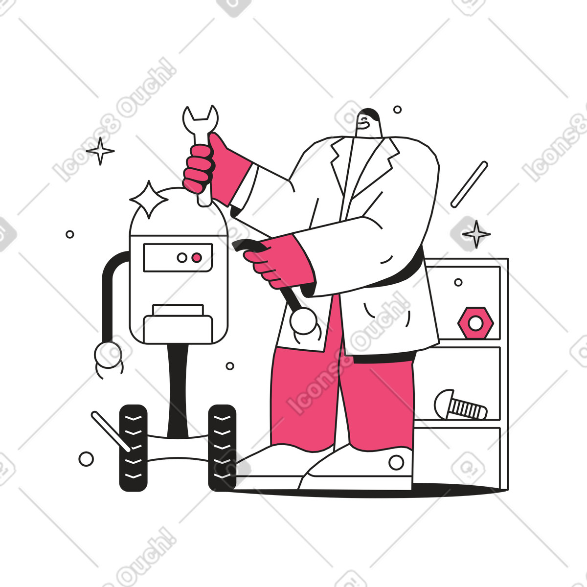 Ilustração de Scientist creating robot, Robotics project and development em no estilo Dazzle Line para baixar em PNG, SVG