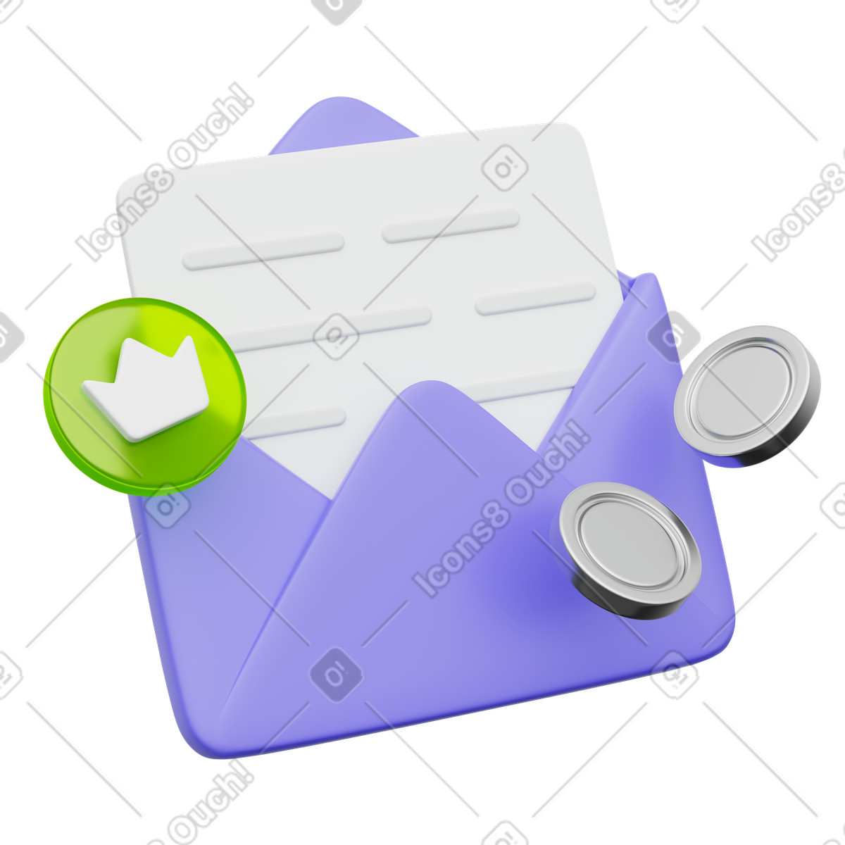 Envelope with crown badge, email coin icon, reward notification symbol, premium badge illustration in 3D Playful style download in PNG, SVG