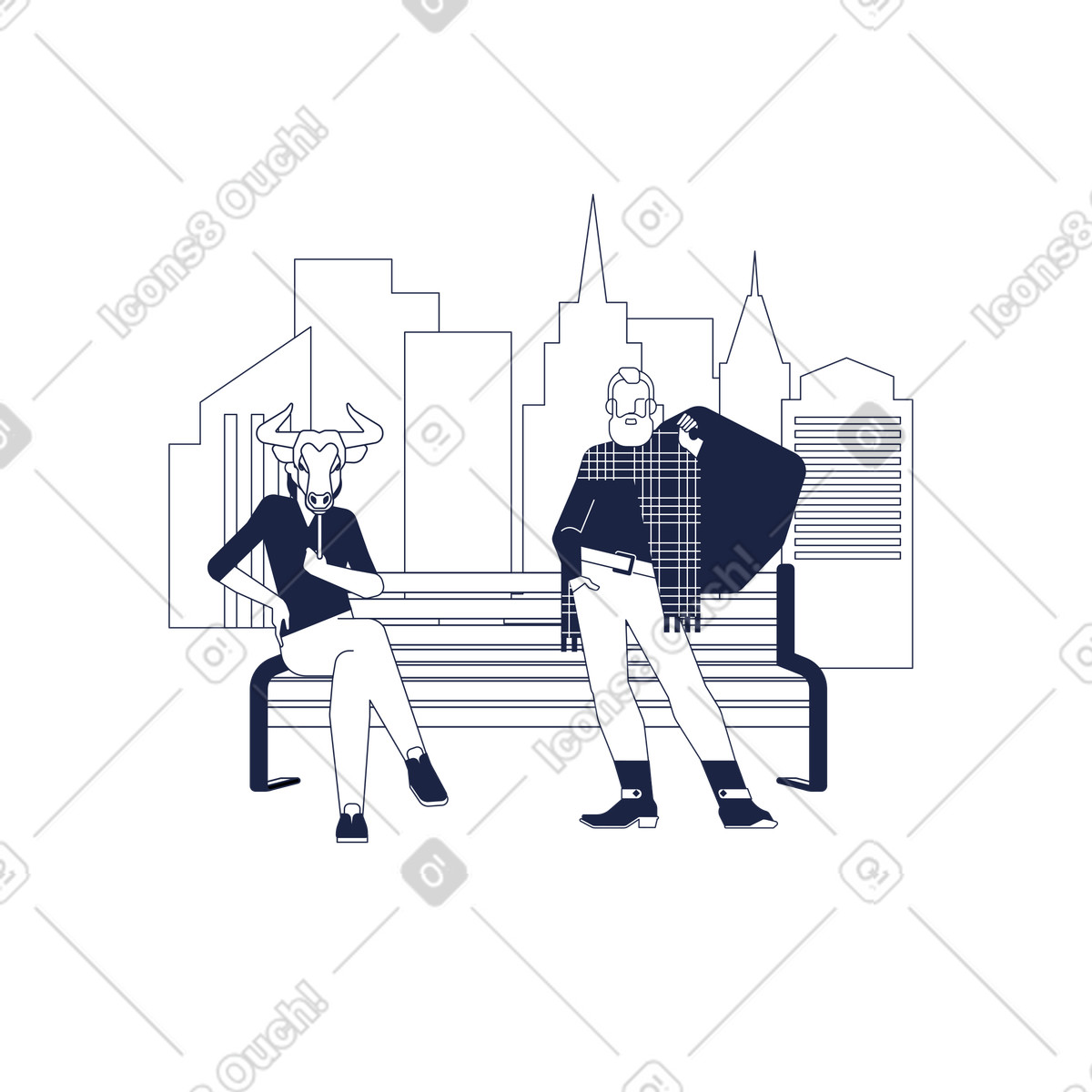 Donna con maschera da toro e uomo alla moda nel parco illustrazione in stile Urban Line scarica in PNG, SVG