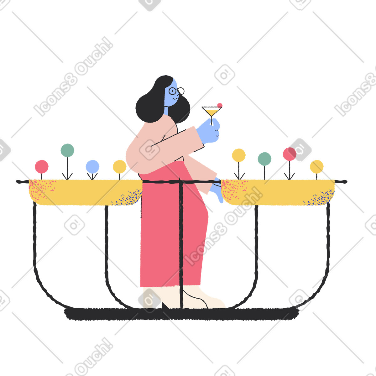 Illustration Femme buvant un cocktail sur balcon dans le style Pablo à télécharger aux formats PNG, SVG