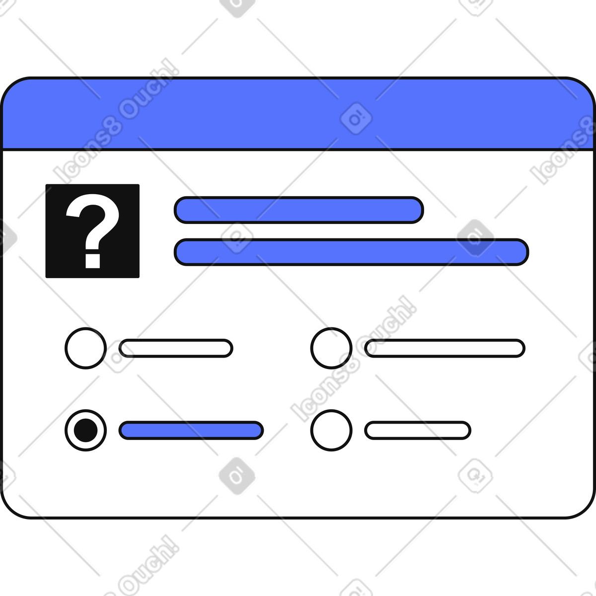 下载 Main 风格的 Elearning quiz window displaying question area and clickable answer options 插画，支持 PNG、SVG 格式