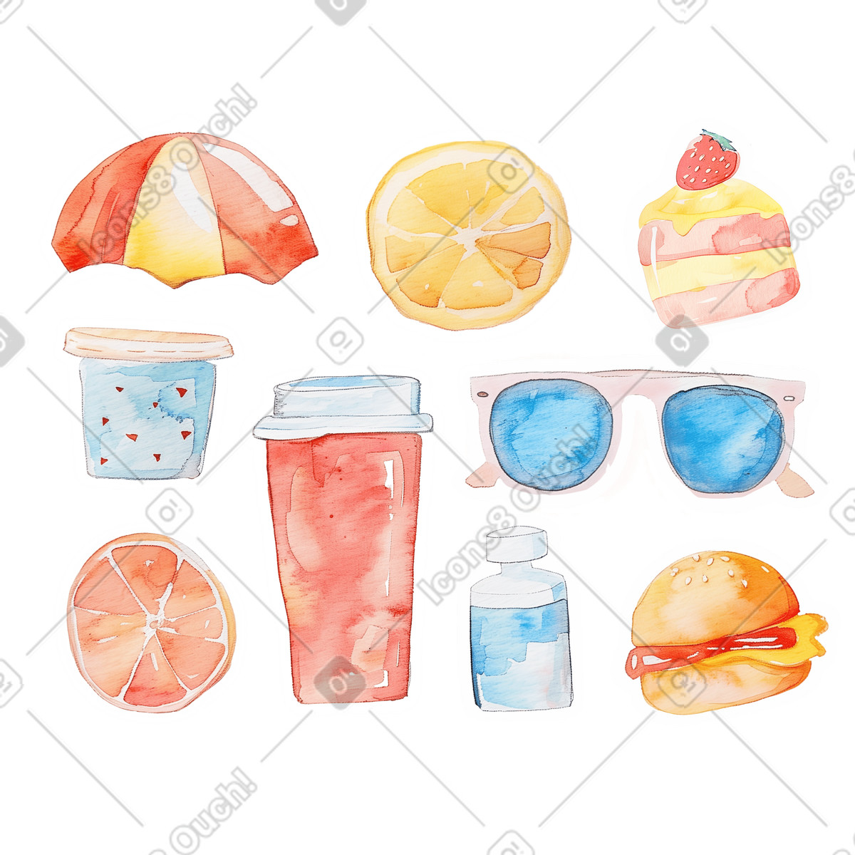 Set di accessori e dolcetti estivi illustrazione in stile Watercolor scarica in PNG, SVG
