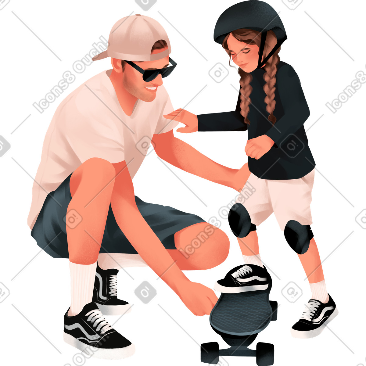 Иллюстрация Father teaches daughter to skateboard в стиле Demure — скачать в форматах PNG, SVG