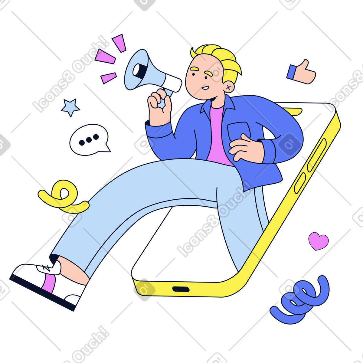 Digital marketing announcement, Social media promotion with influencer illustration in Flexy style download in PNG, SVG