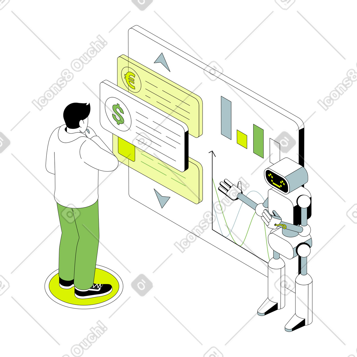 Ilustración AI assistant presenting analytics to client, Automated finance support en estilo Isometric a descargar en PNG y SVG