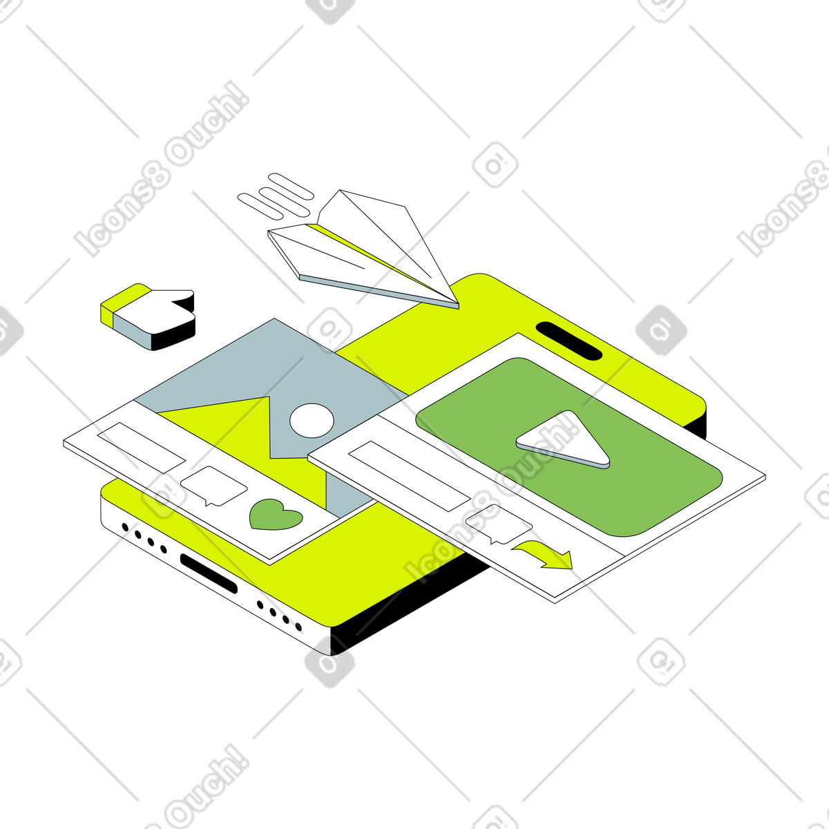 Ilustración Mobile device with social posts and paper plane, media sharing en estilo Isometric a descargar en PNG y SVG