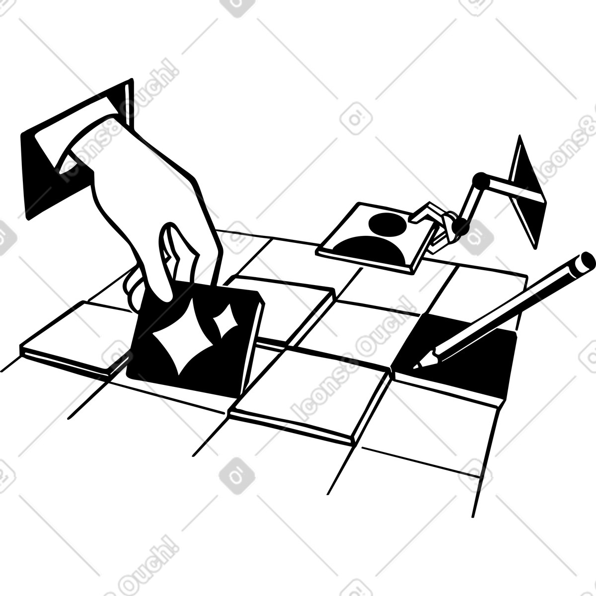 下载 Line 风格的 Marketing strategy planning with digital icons arranged on wooden blocks 插画，支持 PNG、SVG 格式