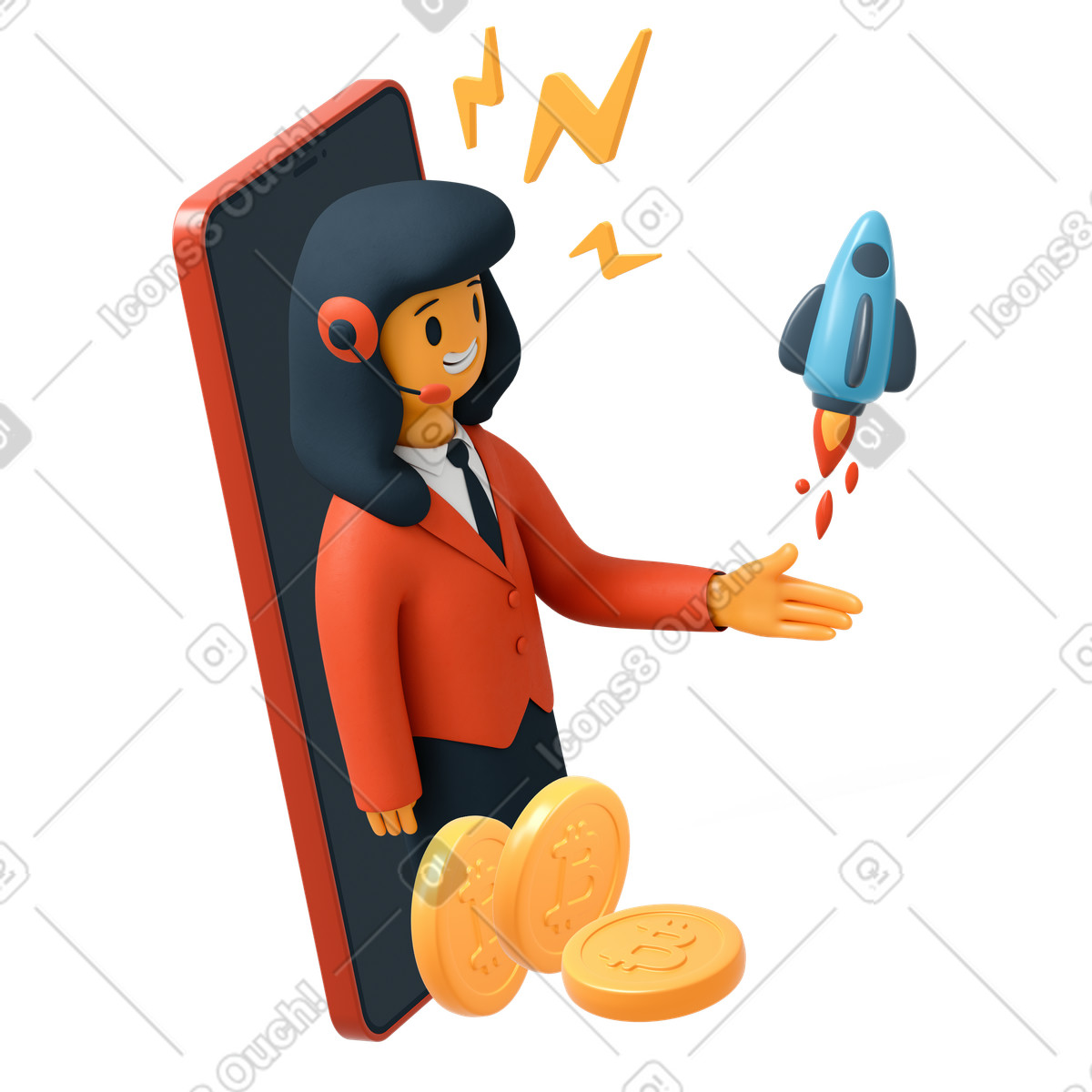 Ilustración Pantalla de teléfono con mujer auriculares, monedas bitcoin y cohete volador en estilo 3D Flame a descargar en PNG SVG