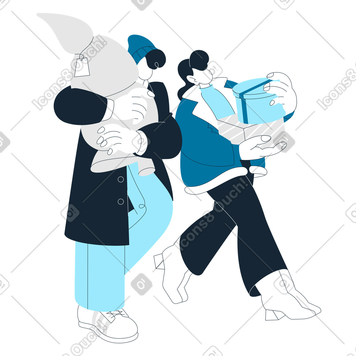 Couple with presents boxes and Christmas tree, Holiday season preparation illustration in Indigo style download in PNG, SVG