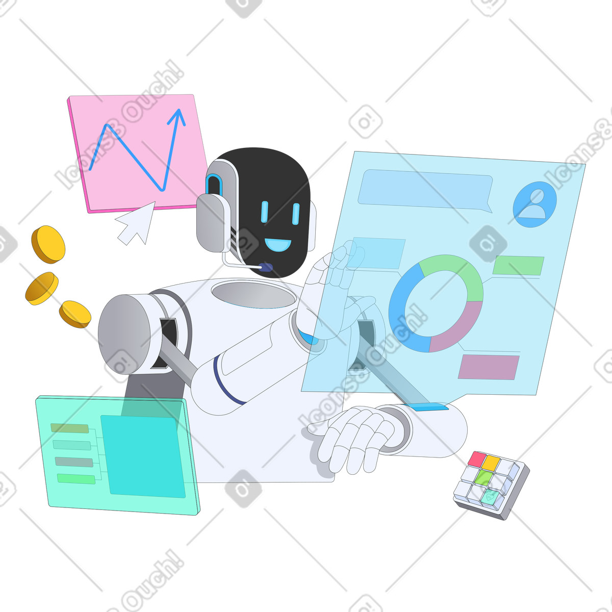 Ilustración animada Robo-asesor trabajando en pantalla holográfica estilo Kit a descargar GIF, Lottie (JSON), AE