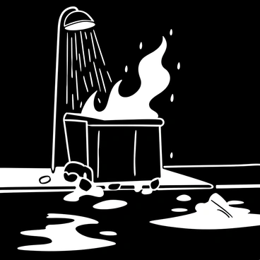 A smoking dumpster with charred edges sits on a wet street, surrounded by puddles reflecting the dim light. Rain falls steadily, creating ripples in the water and adding to the atmosphere of a recent fire. Scattered debris and ash are strewn around the base of the dumpster, while steam rises from the remnants inside. A lone streetlamp casts a soft glow over the scene, illuminating the dark, rain-soaked pavement.