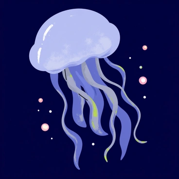 An elegant jellyfish with a translucent bell and long, flowing tentacles is swimming gracefully. It is surrounded by shimmering pearls that reflect light in various hues. The ocean depths are depicted with a dark blue background, creating a contrast that highlights the jellyfish and the pearls. The jellyfish's movements create subtle ripples in the water, adding to the serene underwater scene.