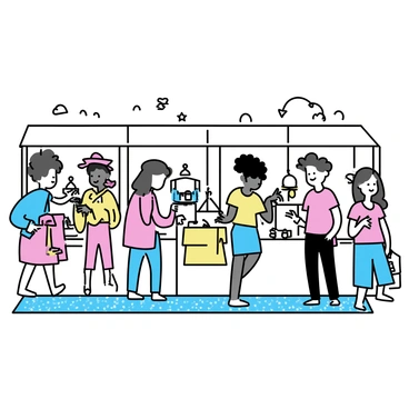 A busy market scene featuring various stalls. Each stall displays an array of fashion items from different countries. One stall showcases colorful scarves and hats from South America, while another has intricate handcrafted jewelry from Asia. A third stall features bright summer dresses and vibrant beachwear from Africa. Shoppers of diverse backgrounds can be seen browsing the items, some examining clothing and others chatting with the vendors. The ground is covered with a patterned rug, adding texture to the lively atmosphere.