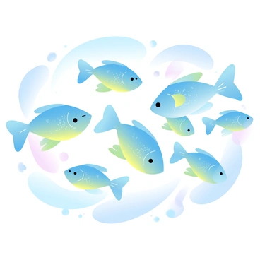 A vibrant school of small fish is swimming together in unison, their bodies reflecting various shades of blue, green, and yellow. Each fish is streamlined and displays intricate patterns along its body, creating a dazzling visual effect as they move. The background is filled with gentle waves, enhancing the fluid motion of the school. Sunlight filters through the water, casting shimmering light patterns that dance around the fish.