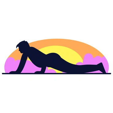 A silhouette of a person planking horizontally on a flat surface. The background features a vibrant sunset sky with shades of orange, pink, and purple blending together seamlessly. The person is positioned in profile, captured in a straight, rigid posture with arms and legs extended outward. The contrast between the dark silhouette and the colorful sky creates a striking visual effect.