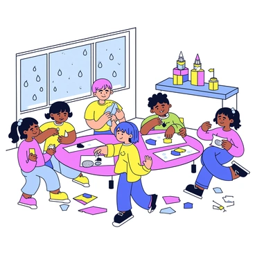 A bright and colorful indoor space filled with children engaging in various crafts. Some children are sitting at a table, using scissors to cut out shapes from colorful paper. Others are applying glue to the paper and attaching glittery decorations. In one corner, a child is building a tower with blocks, while another is drawing with crayons on a large piece of paper. The windows show raindrops falling outside, creating a cozy atmosphere. The floor is scattered with craft supplies like markers, stickers, and scraps of paper.