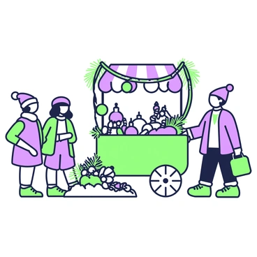 A festive holiday decor cart with ornaments and lights at a winter market
