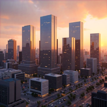 A bustling city skyline filled with various skyscrapers, prominently featuring several buildings uniquely shaped like the "apple logo." The structures are made of reflective glass, capturing the warm hues of the sunset. The sky is a blend of oranges, pinks, and purples, creating a vibrant backdrop. Below, the streets are alive with activity, with cars and pedestrians moving about, adding to the dynamic feel of the scene. The overall atmosphere is lively and modern, showcasing the architectural creativity of the city.