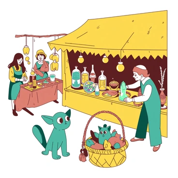 A yellow market bustling with activity features various stalls adorned with colorful fabrics and trinkets. Each stall showcases an array of enchanted items, including shimmering potions in glass bottles and intricately carved talismans. In front of one stall, a teal vendor enthusiastically demonstrates a crystal orb that glows softly. Nearby, a small teal creature with large expressive eyes peeks out from a woven basket filled with plush toys. Customers, dressed in vibrant attire, peruse the items with curious expressions, creating an atmosphere filled with excitement and wonder.