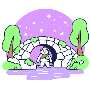 A rustic stone bridge arches gracefully over a gently flowing river. The bridge is made of unevenly shaped stones, with moss growing in the crevices. Underneath the bridge, a friendly troll stands, looking up with a welcoming smile. The troll has a round face and is dressed in simple clothing, with a belt made of leather. The sky above is filled with numerous stars twinkling brightly, creating a beautiful backdrop. Soft reflections of the stars shimmer on the surface of the water below the bridge. Tall trees line the riverbanks, their silhouettes outlined against the night sky.