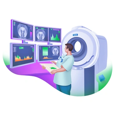 A control room featuring several monitors displaying scan results. A technician, wearing scrubs and a badge, is intently observing the data on the screens. The room is equipped with a large CT machine that is visible in the background. The monitors show various medical images and graphs, with some screens featuring colorful waveforms and statistics. The technician is standing with a clipboard in hand, analyzing the information, while the room is illuminated with soft, warm lighting.