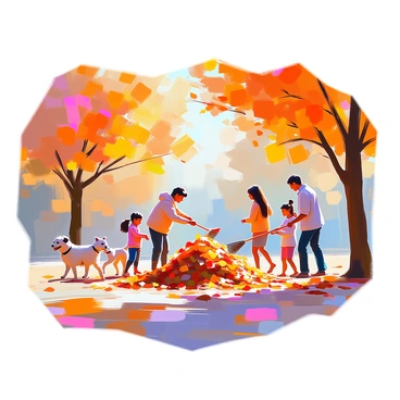 A peaceful park scene during autumn, showcasing families enjoying the vibrant colors of fallen leaves. In one area, a family is raking a large pile of leaves, the children joyfully jumping into the pile. Nearby, another family is playing with a dog, the dog happily bounding through the colorful leaves. The trees surrounding the park are adorned with shades of red, orange, and yellow, creating a warm and inviting atmosphere. Sunlight filters through the branches, casting dappled shadows on the ground.