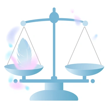 A traditional balance scale is shown with a single feather resting on the left side, causing it to tip downward. The left side is clearly labeled "Heavy" while the right side is elevated, indicating a lack of weight. The feather is detailed with fine barbs and a soft texture, contrasting with the metallic surface of the scale. The entire scene is surrounded by gradient pastel colors, enhancing the visual appeal.