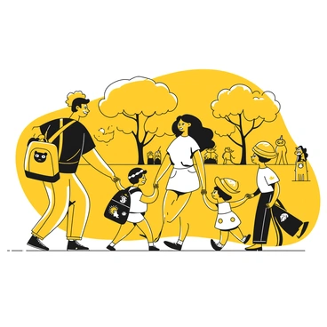 A family of four walking together in Lincoln Park Zoo. The father is wearing a black t-shirt and jeans, carrying a customized yellow backpack with a bear logo. The mother is wearing a white blouse and shorts, sporting a matching yellow hat with a sun motif and also carrying a customized black backpack. The two children, a boy and a girl, each have their own yellow hats with playful designs. The boy is holding a black backpack with dinosaur prints, while the girl is wearing a white dress and has a black backpack featuring a unicorn. In the background, various zoo animals can be seen, along with visitors enjoying the day.