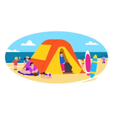 A family is setting up a large, colorful beach tent with vibrant patterns next to the water. The tent is partially opened, showing its spacious interior. Nearby, two surfboards are propped upright in the sand, one decorated with bright blue and yellow stripes and the other with a red and white design. In the background, gentle waves lap against the shore, and children can be seen playing in the water. The sky is clear with a few fluffy clouds, creating a joyful beach atmosphere.