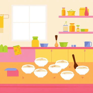 A cozy kitchen filled with warm colors, featuring a wooden table at the center. On the table, there are several bowls of steaming porridge, each with a sprinkle of cinnamon on top. Surrounding the table are charming kitchen utensils, such as a wooden spoon and a colorful dish towel. The walls are adorned with cheerful art, and a window allows soft light to fill the space, highlighting the inviting atmosphere. In the background, there are shelves filled with jars of honey and ingredients, completing the homey feel of the kitchen.