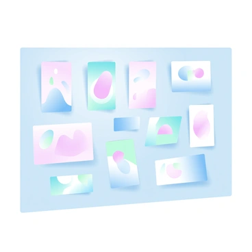 A gallery wall displays multiple artworks, each mounted on an eighth-size board. The boards are arranged in a grid pattern, with varying colors and shapes complementing each other. Each artwork features a unique design, showcasing a mix of abstract patterns, geometric shapes, and vibrant colors. The wall itself is painted in a soft gradient pastel hue, enhancing the visual appeal of the artworks. Subtle lighting illuminates each piece, casting gentle shadows that add depth to the display.