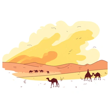 A yellow sandstorm billows across the expansive Sahara Desert, with swirling clouds of sand rising high into the air. The sky is filled with dust, creating a hazy atmosphere that obscures the horizon. Dunes of orange sand are visible, their curves shifting and reshaping under the force of the storm. Scattered tufts of dry grass can be seen struggling to survive the harsh conditions, while distant silhouettes of camels can be faintly discerned moving through the turbulent landscape.