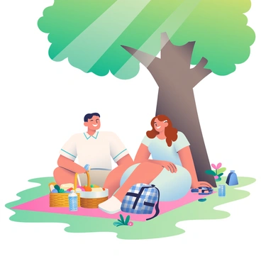 A couple is sitting on a picnic blanket spread out on green grass under a large, leafy tree. The man has short, dark hair and is wearing a white shirt with rolled-up sleeves and beige shorts. The woman has long, wavy brown hair and is dressed in a light blue sundress. They are sharing a basket filled with an assortment of fruits, sandwiches, and drinks. A bottle of sparkling water is placed on the blanket along with two glasses. Sunlight filters through the branches above, casting soft shadows on the couple as they enjoy their meal and laughter. Nearby, a checkered backpack is resting next to them, and a few colorful flowers grow around the base of the tree.