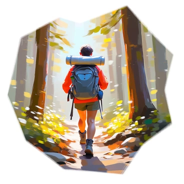 A hiker with light skin and short brown hair is making their way through a dense forest, surrounded by tall, lush trees and a thick undergrowth. They are wearing a sturdy pair of hiking boots and a bright red jacket. The hiker is carrying a large backpack filled with supplies, including a water bottle and a rolled-up sleeping mat, secured tightly with straps. Sunlight filters through the canopy above, casting dappled light on the forest floor, where small plants and fallen leaves create a textured ground. The hiker appears focused, navigating the winding trail between the trees.