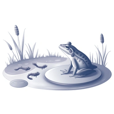 A large bullfrog sits on a lily pad in the center of a pond. The bullfrog is facing a group of small tadpoles gathered around it. Various plants, including cattails and water lilies, surround the scene, creating a natural habitat. The bullfrog has its mouth open, as if explaining something, while the tadpoles are attentively listening and swimming close to the surface of the water. The pond reflects the shapes of the plants and the bullfrog, with ripples gently spreading outward from their movements.