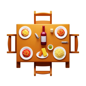 A wooden dinner table set for an Italian meal. The table features several pasta dishes, including spaghetti topped with marinara sauce and a dish of fettuccine alfredo. A small bowl of olive oil is placed next to a plate of fresh bread. In the center of the table, there is a bottle of red wine with a corkscrew nearby. The ambiance is warm and inviting, with soft lighting highlighting the delicious food.