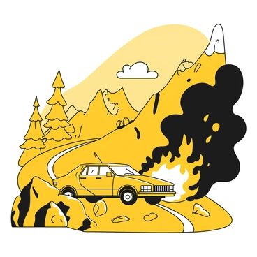 A car explosion on a winding mountain pass with cliffs and trees